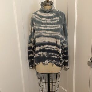 S/M, high/low, distressed sweater, teals and white in color.